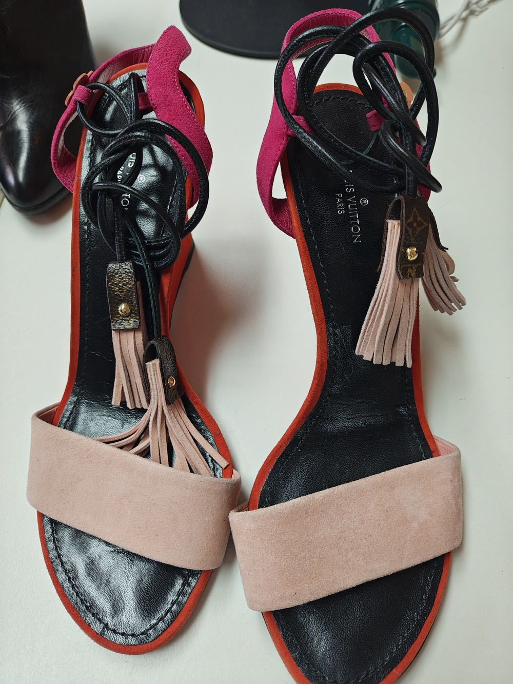 Louis Vuitton Pink Suede Ankle-Tie Sandals